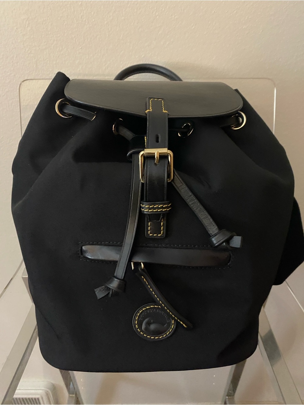 Authentic Dooney & Bourke Black Nylon Drawstring Backpack with Leather Trim